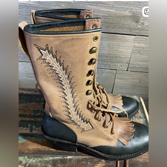 Two-Tone Leather Lace-Up Boots - Picture 2 of 7